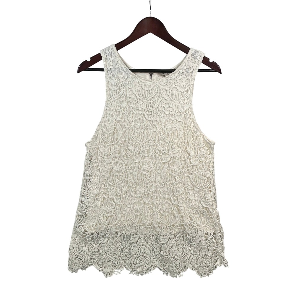 Lucky Brand Ivory Crochet Lace Tank Top L Boho Floral Cottagecore Shabby‎ Chic